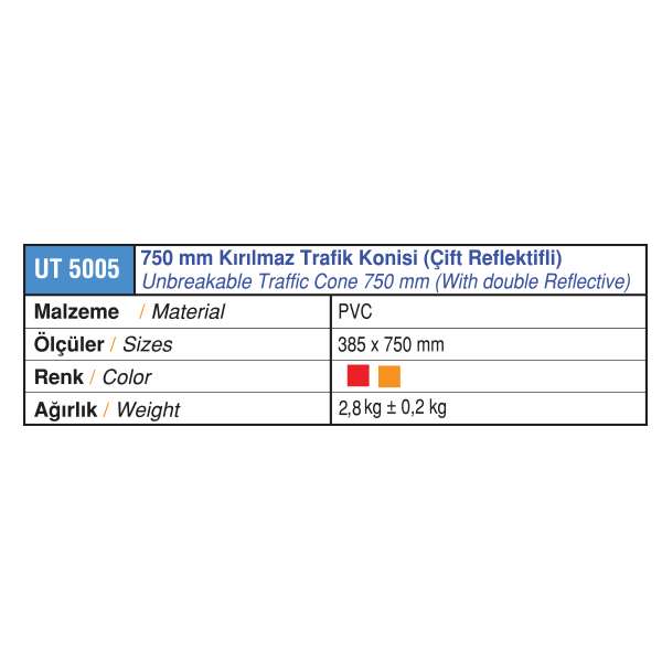 Kırılmaz trafik konisi 750mm (çift reflektörlü)