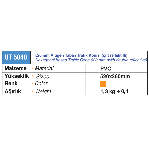 Trafik konisi 520 mm altıgen taban çift raflektörlü